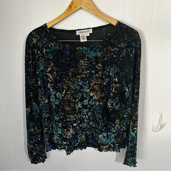 Coldwater Creek Top Women’s S Black Velvet Burnout Asymmetrical Hem Floral - Picture 1 of 3